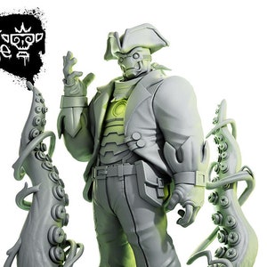May include: A grey figurine of a robotic pirate wearing a tricorn hat and a jacket, standing on a base with tentacles. The figurine has a futuristic design with a glowing chest. The text "Secret Forge" is in the upper left corner.