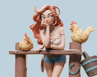 May include: A figurine of a woman with red hair, wearing a white top, blue shorts, and brown boots, leaning on a wooden fence. Two chickens are perched on the fence, and a pumpkin and two more chickens are at the base. A bucket and horseshoe are also present.