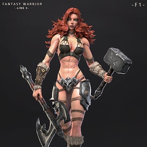 Peut inclure: Statue détaillée d'une guerrière fantastique aux cheveux roux, vêtue d'une armure sombre, tenant un marteau et une hache. La figurine est sur une base rocheuse, avec le texte "FANTASY WARRIOR - LINE 3" visible.