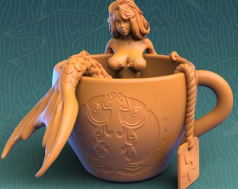 There's a Mermaid in my Teacup | DnD Female Monstergirl Resin Pinup Miniature | 32mm / 75mm | by Red Clay Collectibles