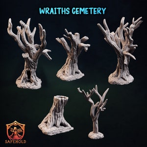 May include: Five miniature, leafless trees, possibly for tabletop gaming. The trees are a light grey colour, with detailed bark textures and various branch formations. The text "WRAITHS CEMETERY" is at the top. A logo for "SAFEHOLD" is at the bottom.