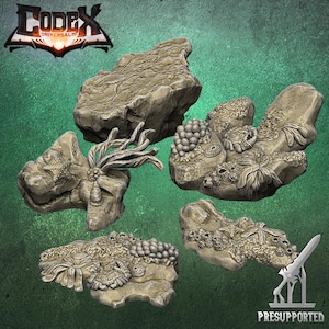 May include: Four beige-colored, textured rock formations with various organic shapes. Some rocks have coral-like details. The image includes the text "CODE X UNIVERSALIS" and "PRESUPPORTED".
