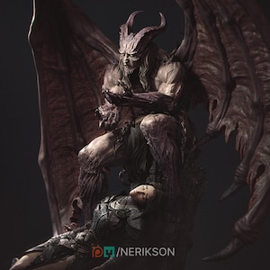 May include: A detailed digital sculpture of a horned demon with large wings, seated and holding a person. The demon has a muscular build, with a stern expression. The person is lying down, wearing armor. The color palette is dark, with shades of red and gray.