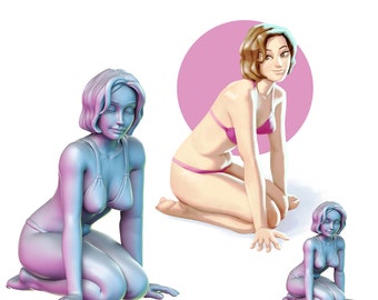 May include: Three illustrations of a person in a bikini, in different sizes and colors. The largest figure is a blue and purple gradient, the middle figure is in pink, and the smallest is a blue and purple gradient. The largest figure is labeled "75MM" and the smallest is labeled "32MM".