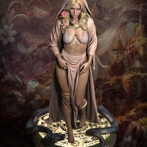 May include: A digital art image of a woman with blonde hair wearing a pink hooded robe and jewelry. She stands on a circular platform with a snake. The background features a floral design and a landscape.