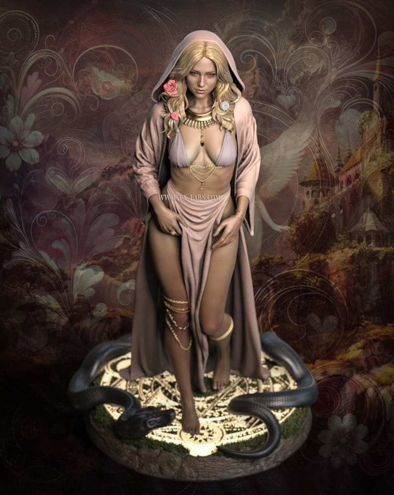 May include: A digital art image of a woman with blonde hair wearing a pink hooded robe and jewelry. She stands on a circular platform with a snake. The background features a floral design and a landscape.