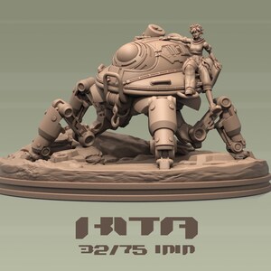 Pode incluir: Modelo detalhado, cor bege, de um robô andador futurista com uma pessoa sentada em cima. O andador tem várias pernas articuladas e um corpo arredondado. O modelo está sobre uma base circular com o texto "HTA 32/75" abaixo.