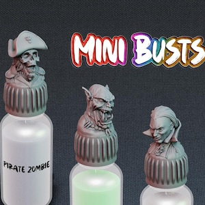 May include: Three bottles with sculpted bust toppers. The toppers include a pirate zombie, an orc, and a vampire. The bottles are filled with different colored liquids. The text "MINI BUSTS" is displayed in colorful letters.
