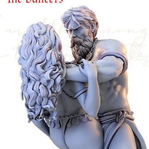 Peut inclure: Une sculpture gris clair représentant deux personnages enlacés. La figure masculine a une barbe et tient la figure féminine. Le texte "The Dancers" est en rouge en haut à gauche.