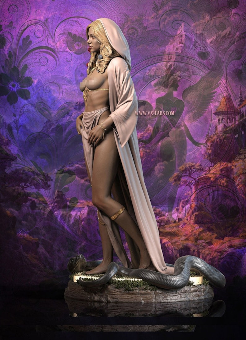 May include: A digital art sculpture of a woman in a flowing gown and hood, adorned with gold jewelry. She stands on a stone base with a snake, set against a purple and floral background. The artwork has a fantasy theme.