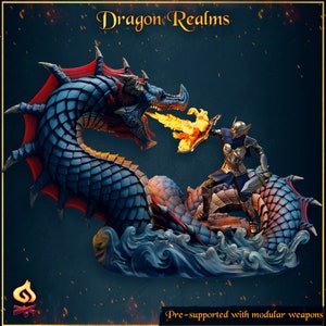 May include: A detailed figurine of a dragon and a warrior. The dragon is blue with red accents, breathing fire at the warrior. The warrior is in gold armour and holds a shield and sword. The text "Dragon Realms" is at the top. The base reads "Pre-supported with modular weapons".