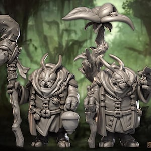 May include: Two grey fantasy figures with insect-like faces, wearing robes and holding a lantern and a staff. The background is a blurred forest scene. The text "by Codex" is visible.