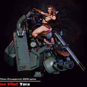 May include: A detailed 3D model of a female pilot seated on a futuristic, grey and brown mechanical vehicle. The pilot wears brown attire and holds a wrench. The model is labelled "Madox Pilot Tora" with size options.