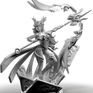 May include: A detailed, monochromatic figurine of a female warrior in a dynamic pose, holding a staff. The figure is adorned with intricate armor and flowing hair, standing on a pedestal with decorative elements. The overall design suggests a fantasy theme.