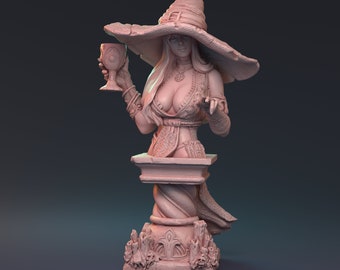 May include: A detailed bust of a woman in a witch hat, holding a goblet. The sculpture is in a light pink color, with intricate details on the clothing and pedestal. The woman has long blonde hair and is adorned with jewelry.