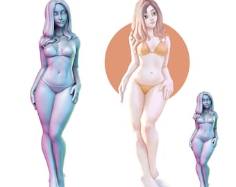 May include: Three female figure sculptures in swimwear. The largest is a blue and purple gradient, the middle figure is tan with a yellow bikini, and the smallest is a blue and purple gradient. The largest figure is 75mm tall, and the smallest is 32mm tall.