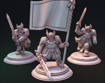 Puede incluir: Tres figuras en miniatura de caballeros con armadura, cada uno con una espada. Un caballero sostiene una bandera con una pancarta en blanco. Las figuras están sobre bases circulares. El logotipo de Hardwitch Games está en la esquina superior izquierda.