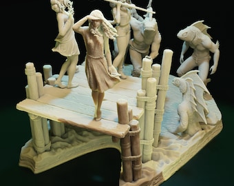 May include: A detailed sculpture depicting a pier scene with several figures. The figures include women and humanoid creatures with fish-like features. The pier is made of wood and rope, and the overall color palette is neutral with a focus on texture and form.