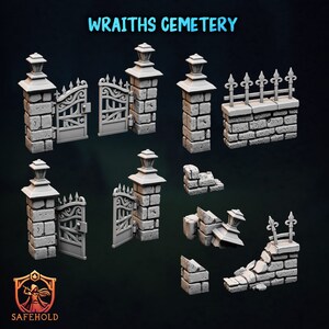 May include: A collection of gray miniature cemetery elements, including gates, pillars, and sections of brick walls. The text "WRAITH'S CEMETERY" is at the top. The Safehold logo is at the bottom.