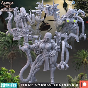 May include: A grey 3D-rendered figurine of a cyborg engineer with mechanical arms and a hooded cloak. The figure is posed in a dynamic stance, with intricate details on the robotic components. The text "PINUP CYBORG ENGINEER 2" is visible.