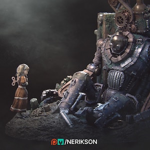 May include: A detailed sculpture featuring a young girl in a brown dress and a large, steampunk-style robot. The robot is primarily metallic with visible gears and intricate mechanical details. The girl stands near the robot, creating a contrast in scale.