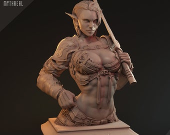 May include: A bust of a female warrior with pointed ears, holding a sword. The figure wears detailed armor and is posed on a rectangular base. The image has a neutral color palette and is labeled "PRE-SUPPORTED" and "MYTHREAL".