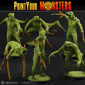 May include: A collection of green monster figurines with elongated limbs and grotesque features. The figures have a textured, bumpy skin and are posed in various stances. The text "PrintYourMonsters" is displayed at the top.
