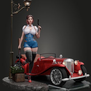 May include: A detailed figurine of a woman in a vintage outfit, holding a gun and a rifle, standing next to a red classic car. The scene includes a street lamp and luggage, evoking a retro, action-oriented theme.