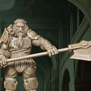 May include: A detailed, monochromatic figurine of a dwarf warrior, holding a large battle axe. The dwarf is clad in armor with fur accents, a long beard, and a stern expression. The axe is held with both hands, ready for combat. The background is a blurred, architectural setting.