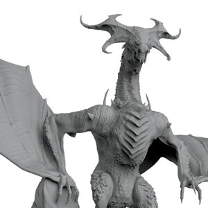 May include: A detailed, gray dragon sculpture with outstretched wings and a long neck. The dragon has horns, sharp claws, and a textured body. The wings are large and detailed, with visible veins. The sculpture is set against a black background.