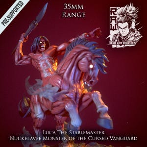 May include: A detailed figurine of Luca the Stablemaster riding a Nuckelavee Monster. The 35mm range figure is pre-supported and features a muscular, exposed-muscle design in shades of red and blue. The figure is holding a spear. The Ronin Arts Workshop logo is visible.