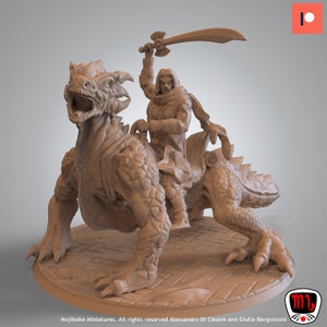 May include: A detailed figurine of a warrior riding a dragon. The warrior is holding a sword above their head. The dragon has an open mouth and is posed as if it is roaring. The figurine is a light brown color and sits on a circular base.