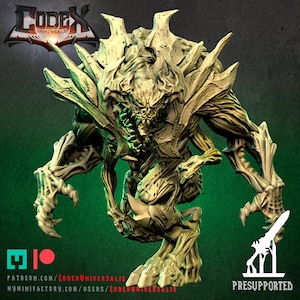 May include: A detailed, light-tan 3D-printed monster figurine with sharp claws, spiky protrusions, and a menacing face. The figure is posed in a dynamic stance, with the text "CODE X UNIVERSALIS" and social media handles visible.