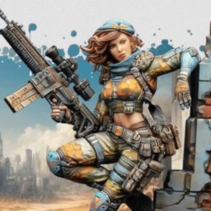 Raven Steelheart | Female Post apocalyptic Soldier Pinup miniature | 32mm / 54mm / 75mm | by Cosmondo