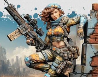 Raven Steelheart | Female Post apocalyptic Soldier Pinup miniature | 32mm / 54mm / 75mm | by Cosmondo