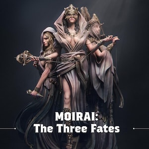 May include: Digital artwork depicting three figures in flowing, muted-tone robes, adorned with elaborate headwear and accessories. The central figure wears a gold mask. The text "MOIRAI: The Three Fates" is at the bottom.