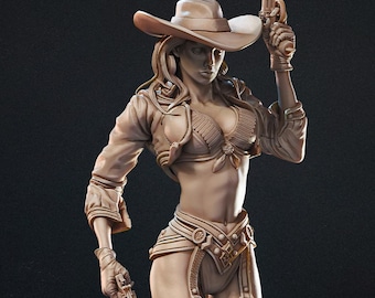 May include: A detailed sculpture of a cowgirl in a hat, holding two revolvers. The figure is wearing a vest, chaps, and a belt with intricate details. The sculpture is in a neutral color, with a dark background.