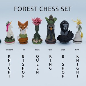 May include: A forest-themed chess set with unique pieces. The set includes a brown mushroom pawn, a fire totem rook, a unicorn knight, a fox bishop, a flora queen, an owl king, a wolf bishop, a kirin knight, an ice totem rook, and a red mushroom pawn.