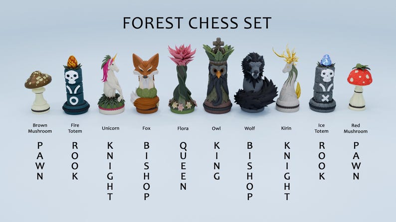 May include: A forest-themed chess set with unique pieces. The set includes a brown mushroom pawn, a fire totem rook, a unicorn knight, a fox bishop, a flora queen, an owl king, a wolf bishop, a kirin knight, an ice totem rook, and a red mushroom pawn.