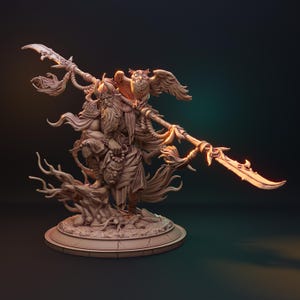 May include: A detailed figurine of a bearded warrior with a spear, an owl, and intricate details. The figure is in a seated position, with a long beard and ornate clothing. The spear has a curved blade. The figurine is on a round base.