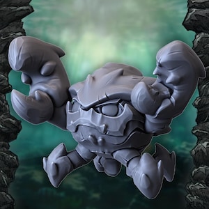 May include: A grey crab figurine with large claws and a textured shell. The crab has a detailed, almost rocky appearance, with a stern expression. The background is a blurred aquatic scene, suggesting a marine theme.