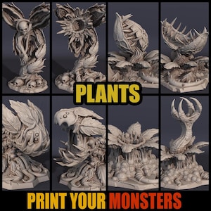 Puede incluir: Una colección de ocho esculturas de plantas detalladas en blanco roto con rasgos monstruosos. La palabra "PLANTS" está en fuente amarilla y negra, y la frase "PRINT YOUR MONSTERS" está en rojo y blanco. Las esculturas incluyen calaveras, dientes y estructuras en forma de garra.