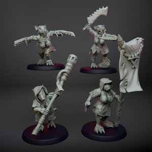 May include: Four grey miniature rat-like figures in dynamic poses. One wields a large cleaver, another a staff, and a third a banner. The figures stand on round bases, likely for tabletop gaming or collecting. The figures are made of a grey material.