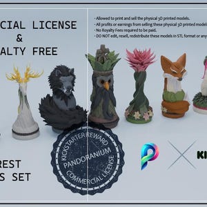May include: A 3D-printed forest chess set featuring various pieces such as a mushroom, a skull, a wolf, and a fox. The image includes text stating "COMMERCIAL LICENSE & ROYALTY FREE". The pieces are designed with intricate details.