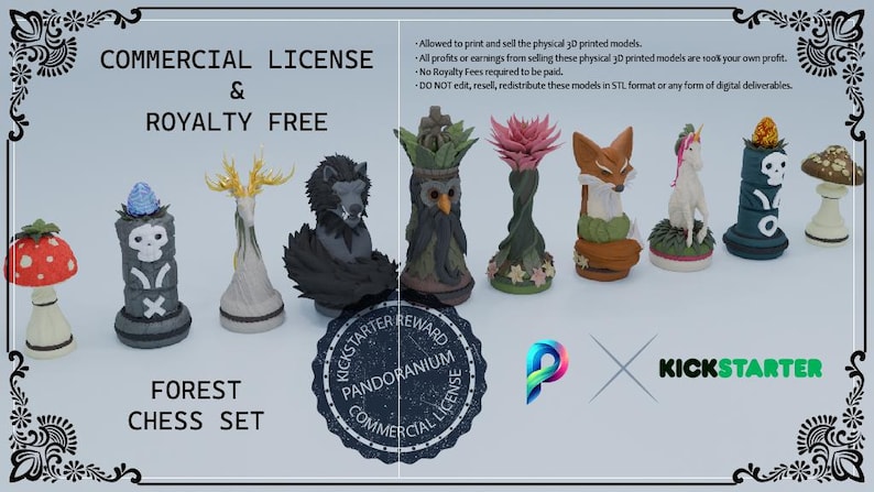 May include: A 3D-printed forest chess set featuring various pieces such as a mushroom, a skull, a wolf, and a fox. The image includes text stating "COMMERCIAL LICENSE & ROYALTY FREE". The pieces are designed with intricate details.