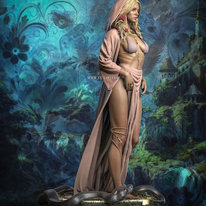 May include: A digital art sculpture of a woman in a flowing, hooded robe, standing on a base with a snake. The woman has blonde hair and is adorned with jewelry. The background features a teal and blue floral design and a castle.