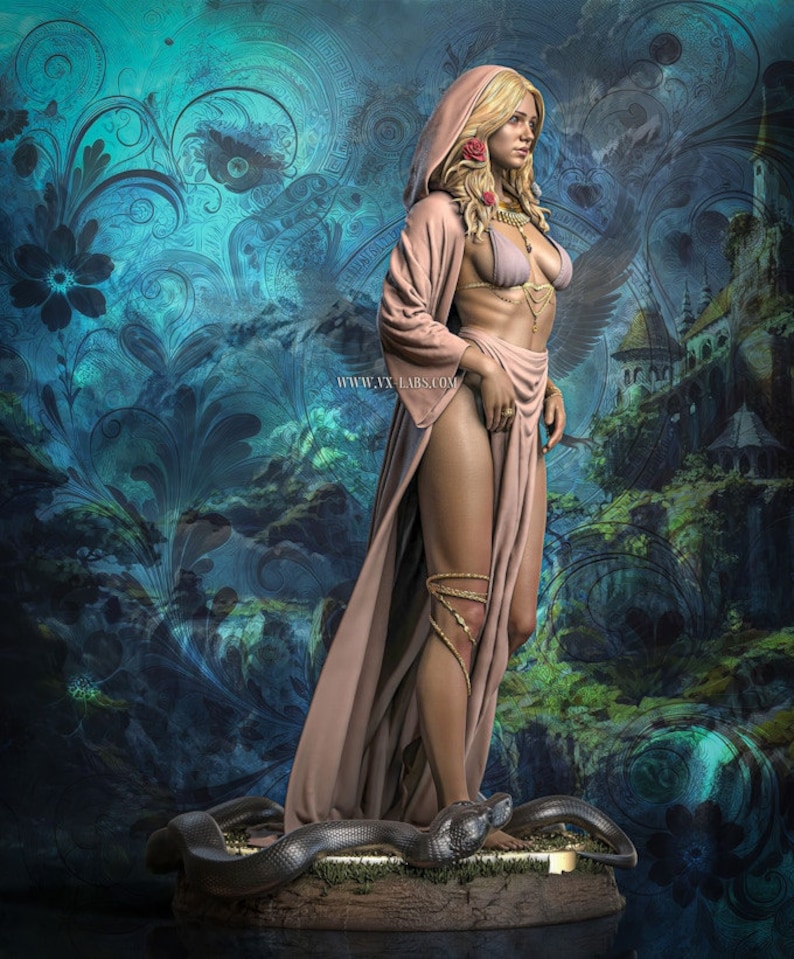 May include: A digital art sculpture of a woman in a flowing, hooded robe, standing on a base with a snake. The woman has blonde hair and is adorned with jewelry. The background features a teal and blue floral design and a castle.