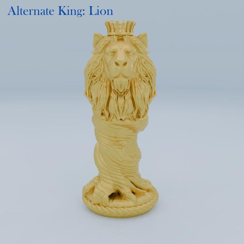 May include: A golden lion chess piece, crowned, with a detailed mane and a twisted base. The text "Alternate King: Lion" is at the top. The piece is a decorative item.