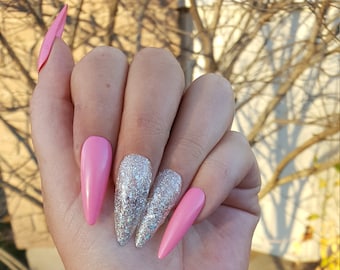 Pretty Pink Stiletto Nails-Glitter Nails/Press on Nails/Luxury Press on Nails/Gel Polish/Acrylic Nails/Nail Trends/Beauty Supplies