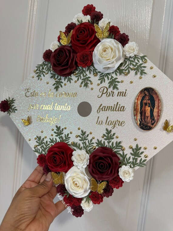 Red Glitter Graduation Cap Topper with Red and White Roses Graduation Cap Topper Custom/ Personalize Grad Topper/ 3D  main image 2